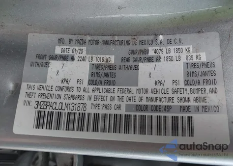 2020 Mazda Mazda3 Select Package z USA, uszkodzony, nr VIN 3MZBPACL0LM131878